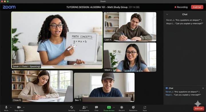 Live UniSkilled tutoring session — Algebra 101 with tutor Sarah J. and three students